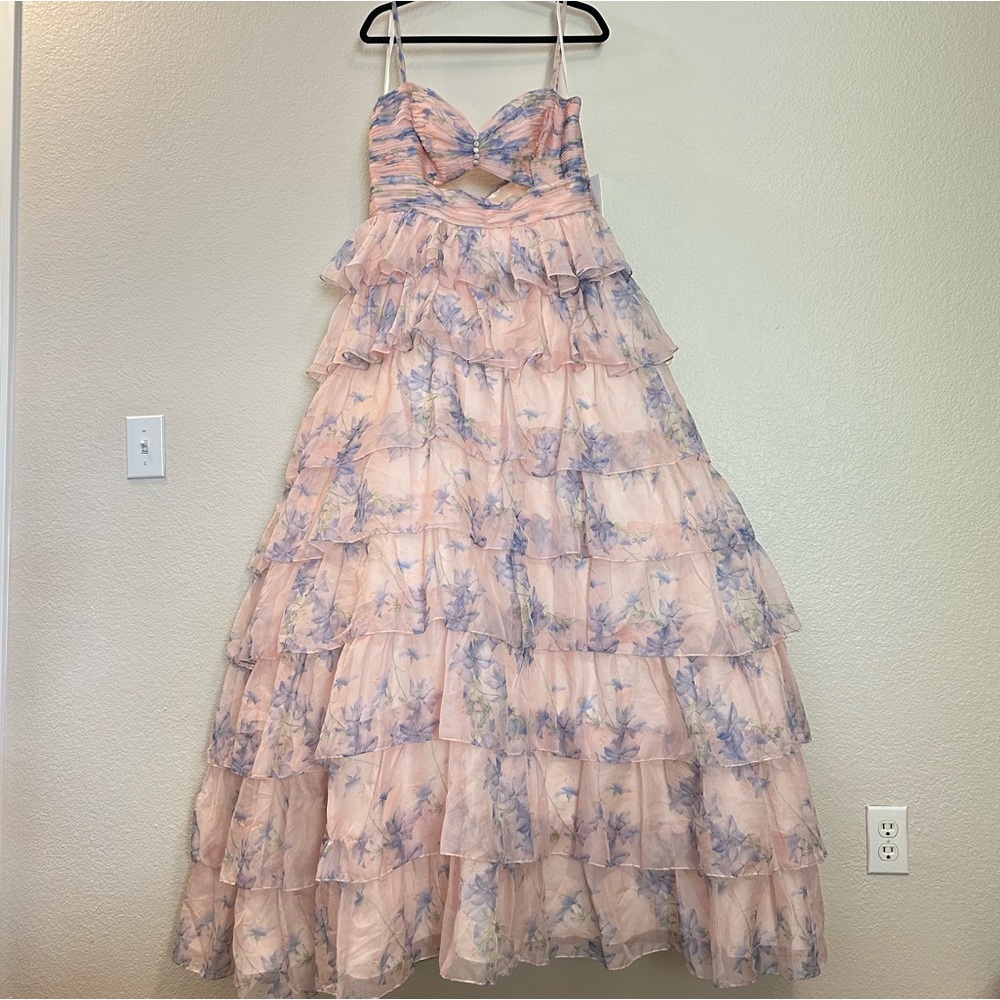 NWT Mac Duggal Floral Cutout Tiered Ruffle Chiffon Ball Gown Pink Sz 8 - Picture 7 of 10